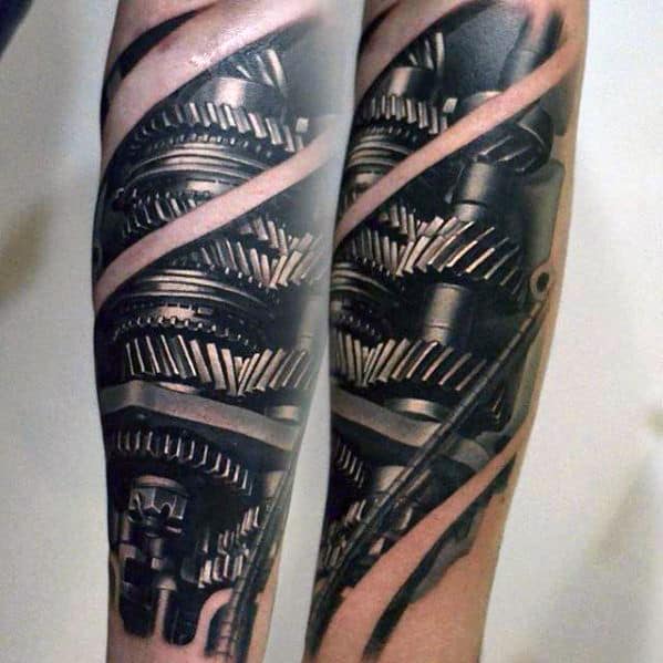 Mechanical Gears Hyper Realistic Guys 3d Forearm Tattoo