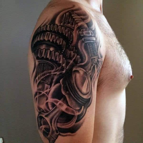 Mechanical Gears Mens Spark Plug Upper Arm Tattoos