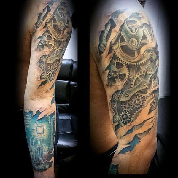 Mechanical Gears With Circuit Board Mens 3d Ripped Skin Sleeve Tattoo