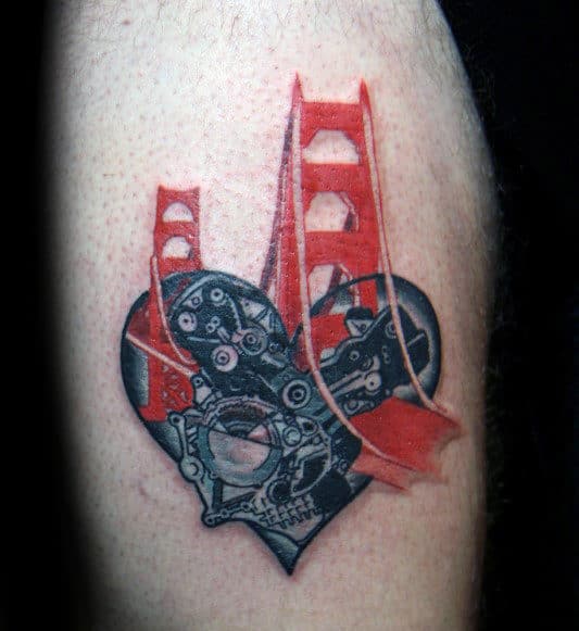 Mechanical Heart With Red Golden Gate Bridge Mens Arm Tattoo
