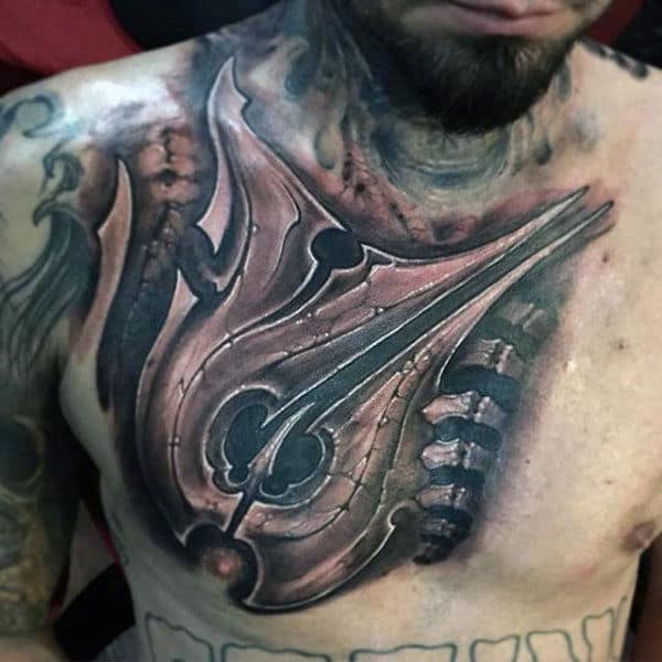 Mechanical Insane Mens Upper Chest Shaded Tattoos