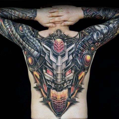 Mechanical Robot Extreme Male Upper Back Tattoo