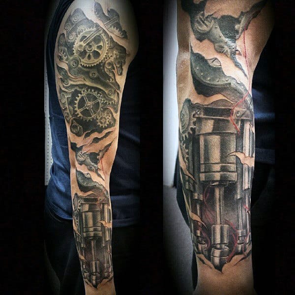 Biomechanical tattoo sleeve with gears and mechanical components