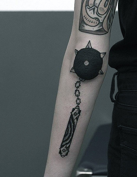 Medieval Ball And Chain Elbow Tattoo For Guys