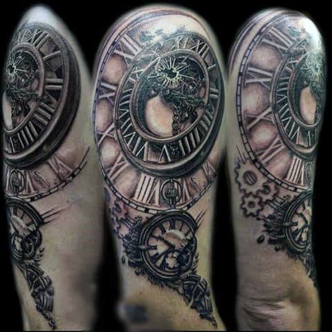 Medieval Grey Pocket Watch Tattoo On Shoulders Men