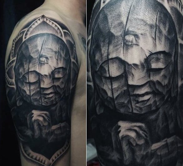 Meditating Japanese Buddha Tattoo On Arms For Men