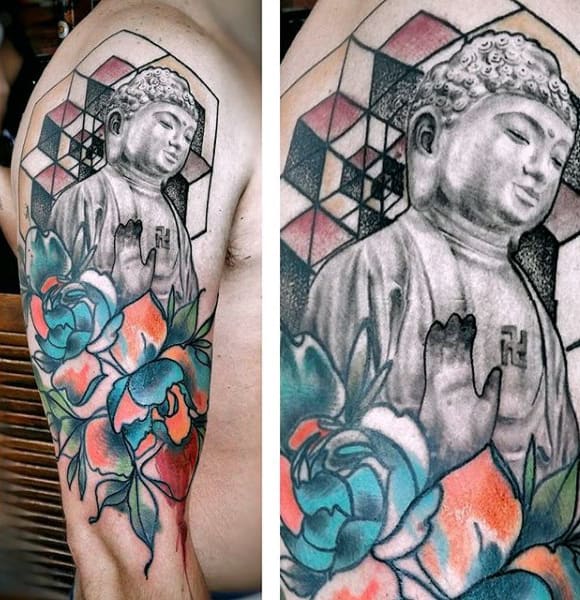 Meditating Buddha Watercolor Tattoo On Arms For Males
