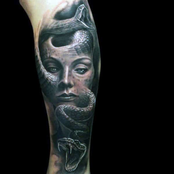 Medusa With 3d Viper Snakes Mens Leg Tattoo