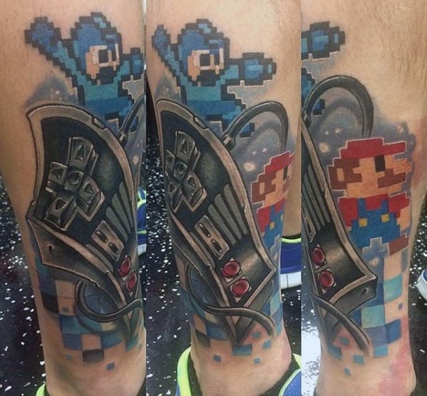 Megaman Mens Tattoo Designs On Leg With Pixel Style