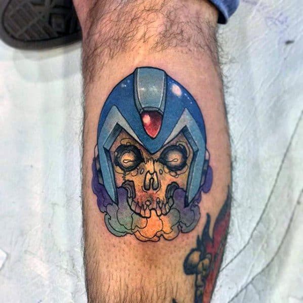 Megaman Skull Guys Tattoo Designs On Leg Calf