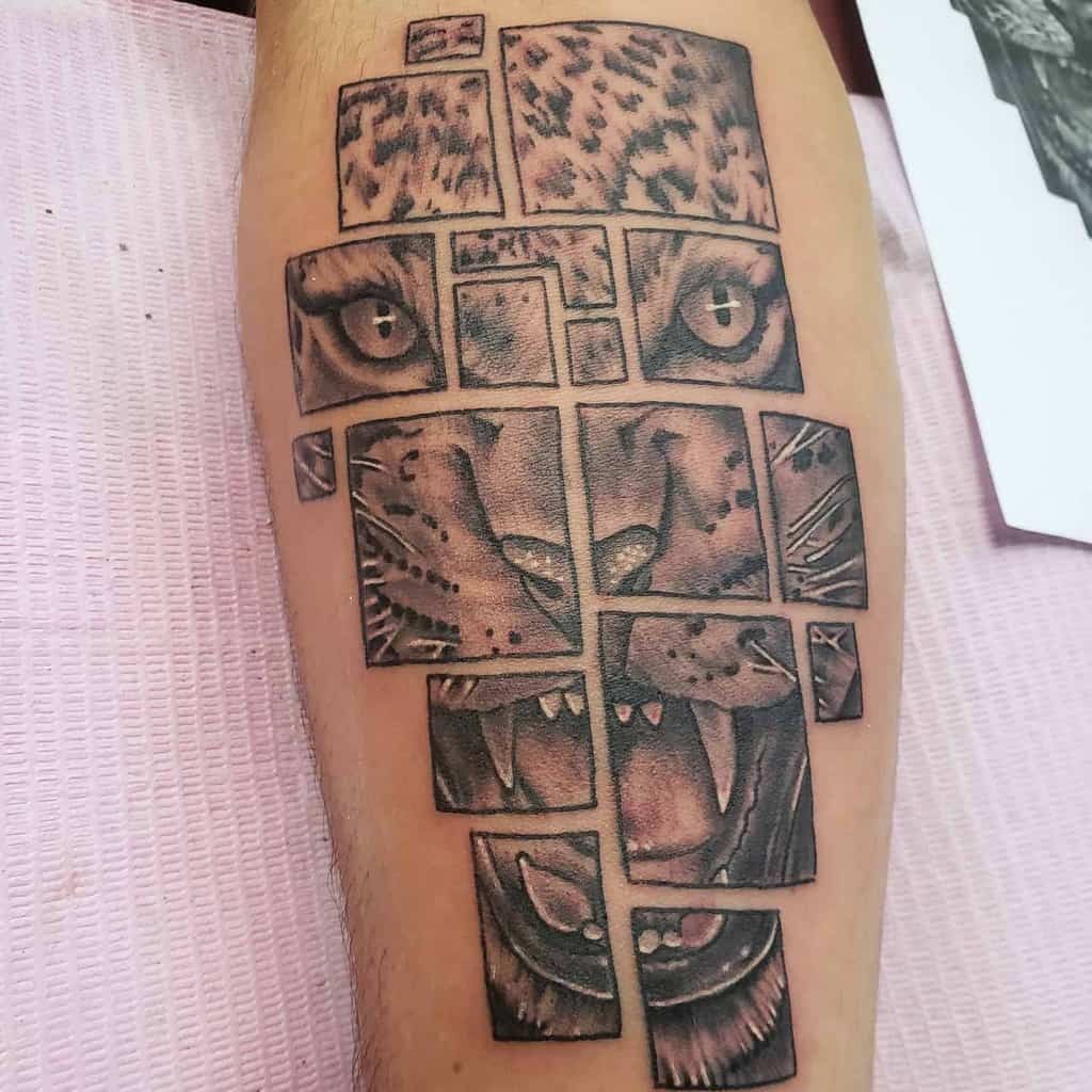 A stunning tattoo of a jaguar's face fragmented into multiple geometric blocks, each section showing different features of the jaguar, placed on the forearm with intricate shading and detail.