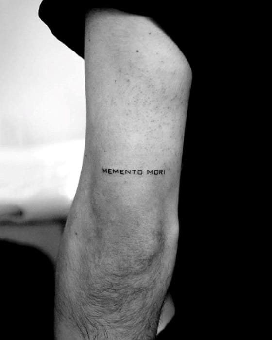 Memento Mori Word Back Of Arm Tattoos For Men