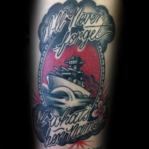 Battleship tattoo with "I'll never forget or what's her name" text in ornate frame