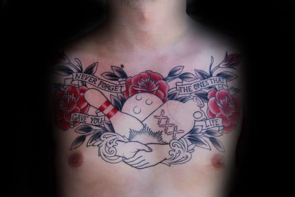 Memorial Bowling Themed Guys Old School Upper Chest Tattoos