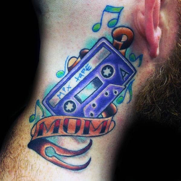 Memorial Cassette Tape Mom Banner Male Neck Tattoo