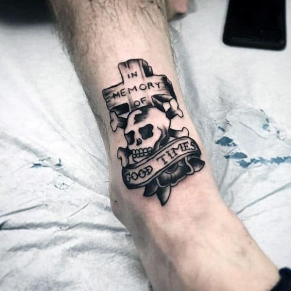 Memorial Cross Skull Traditional Mens Lower Leg Tattoos