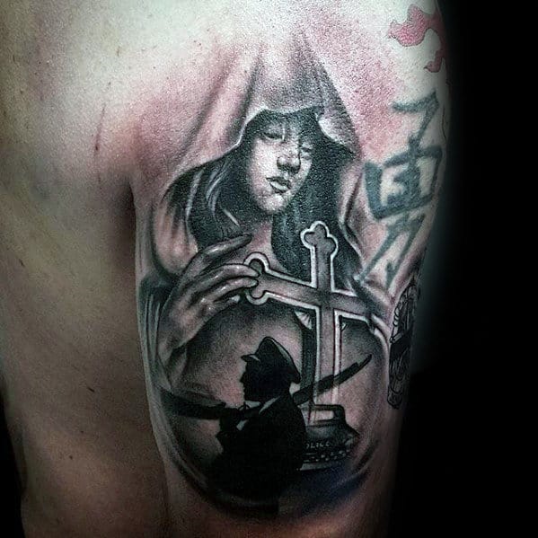 Memorial Police Service Mens Religious Back Of Arm Tattoo