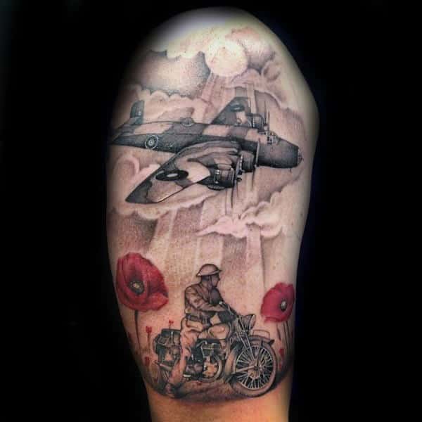 Memorial Poppy Flower Mens Army Themed Half Sleeve Tattoo