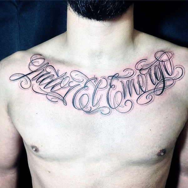 Memorial Script Ornate Tattoo For Men On Upper Chest