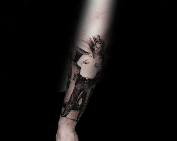 Memorial Tribute Mens Police Officer Portrait Tattoo On Outer Forearm