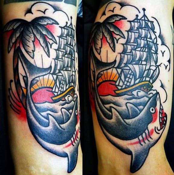 Men Arms Fierce Shark On Beach With Palm Tree Tattoo