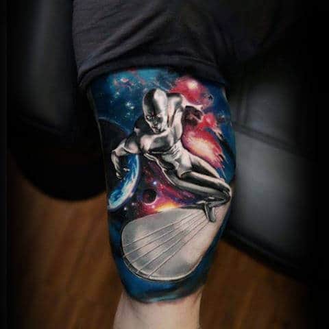 Men Arms Interesting Alien Surfing Tattoo