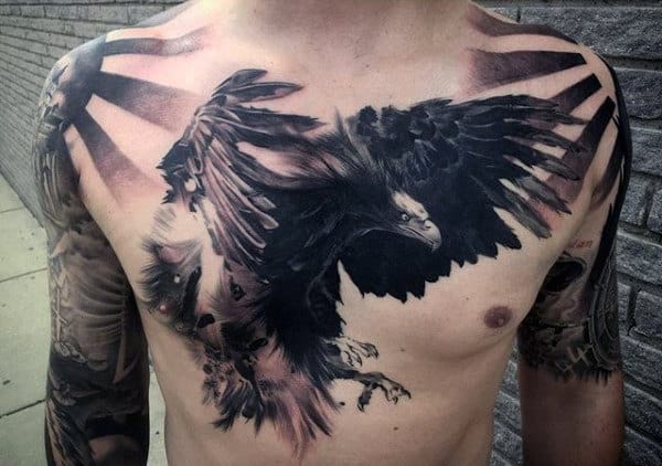 Eagle chest and sleeve tattoo on man
