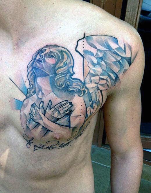 Abstract angel tattoo with wings on a person's chest and shoulder