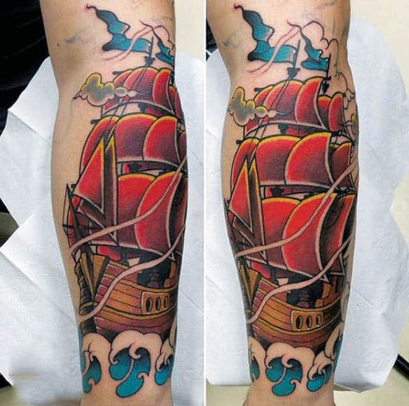 Men Forearms Neo Traditional Large Red Sails Tattoo