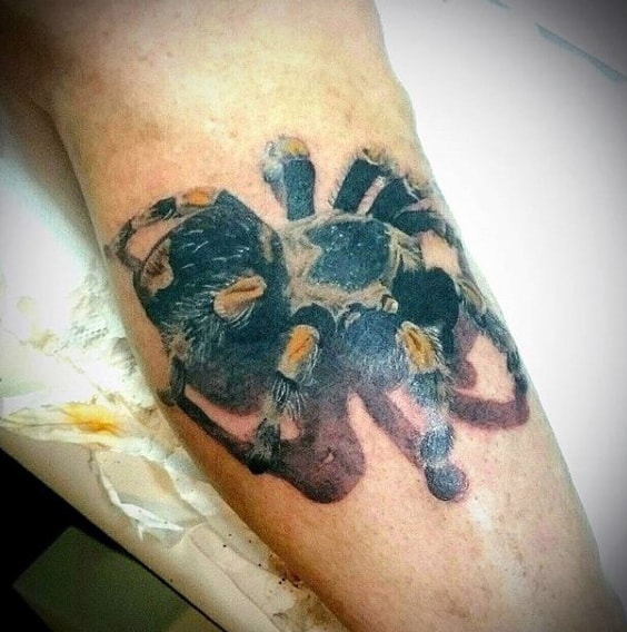 Men Hairy Spider Tattoo On Lower Legs