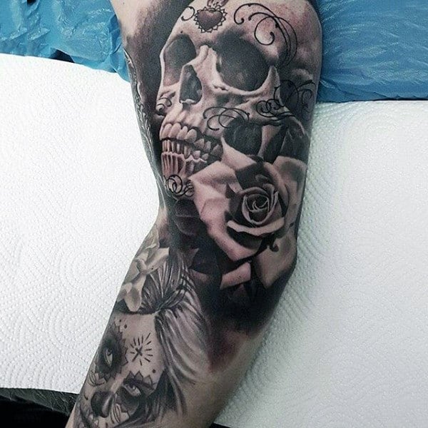 Men Sugar Skull Tattoo Full Sleeve With Rose Realistic