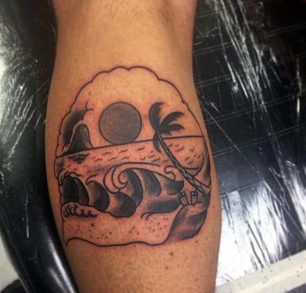 Men Unique Palm Tree Pattern Tattoo On Legs