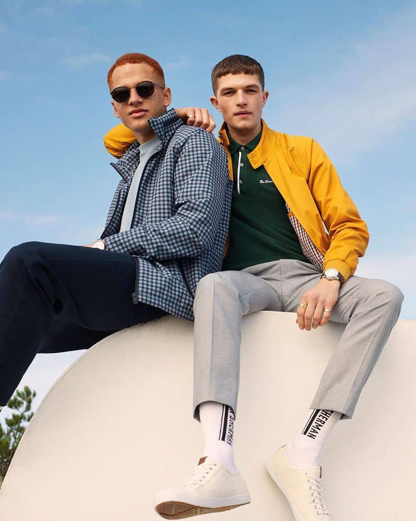 Two young men wearing modern, colorful versions of the Harrington jacket
