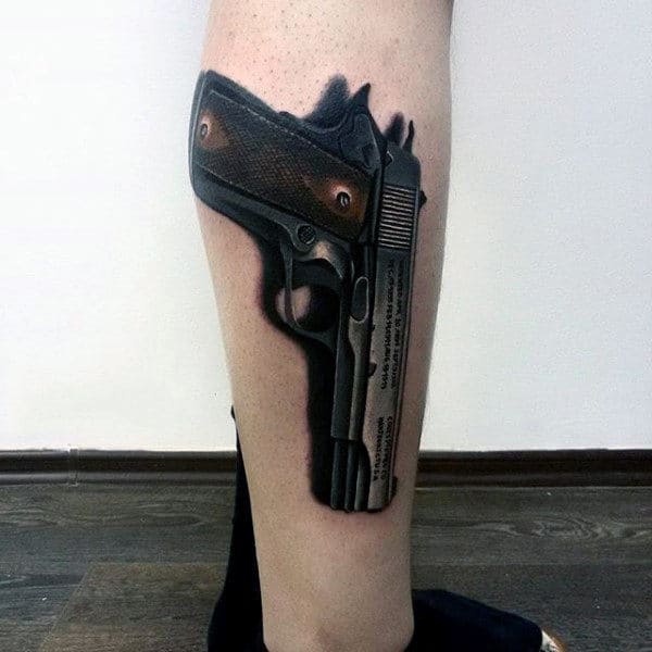 Mens 3D Dark Pistol Tattoo On Calves