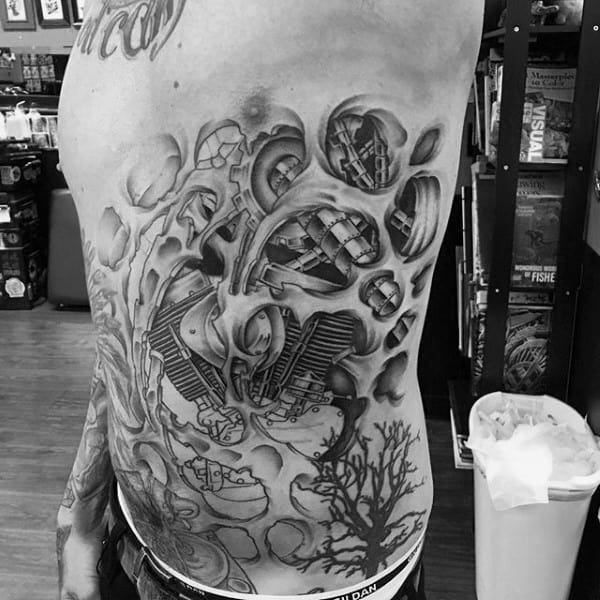 Mens 3d Amazing Harley Davidson Rib Cage Side Tattoos