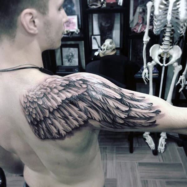 Mens 3d Angel Wing Shoulder And Arm Tattoo Designs