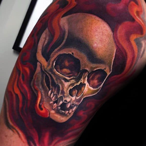 Mens 3d Arm Cool Flaming Skull Tattoo Ideas