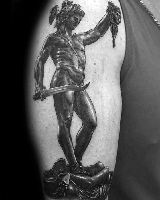 Mens 3d Arm Realistic Perseus Statue Tattoo Ideas