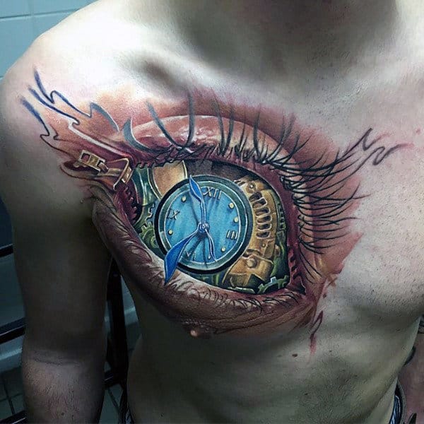 Mens 3d Awesome Eye Clock Upper Chest Tattoo Design