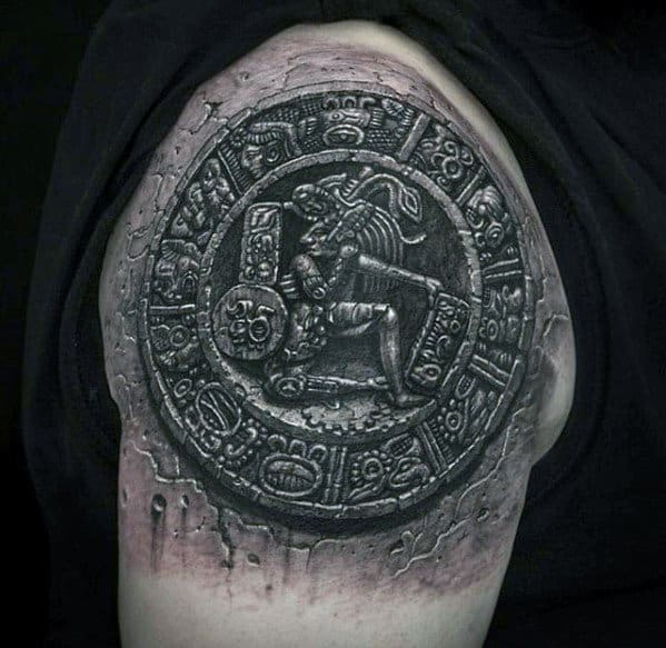 Mens 3d Aztec Stone Tribal Upper Arm Tattoo Ideas