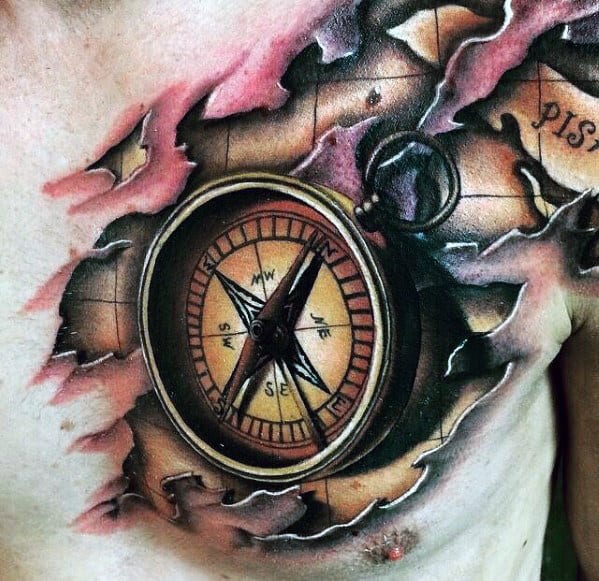 Mens 3d Compass Torn Skin Map Tattoo On Chest