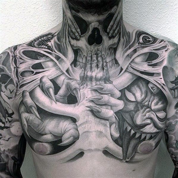 Mens 3d Demon Bones Chest Tattoo