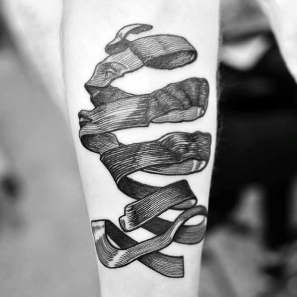 MC Escher-inspired tattoo of a 3D ribbon forming the word “Faith,” wrapping around the forearm with woodcut-style shading.