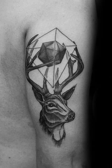 Mens 3d Geometric Cube With Deer Head Back Of Arm Tattoo