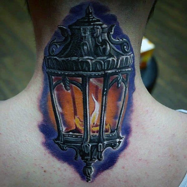 Mens 3d Hyper Realistic Back Of Neck Tattoo With Lantern Design
