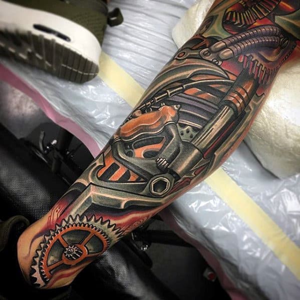 Mens 3d Leg Mechanical Gear Sleeve Tattoos
