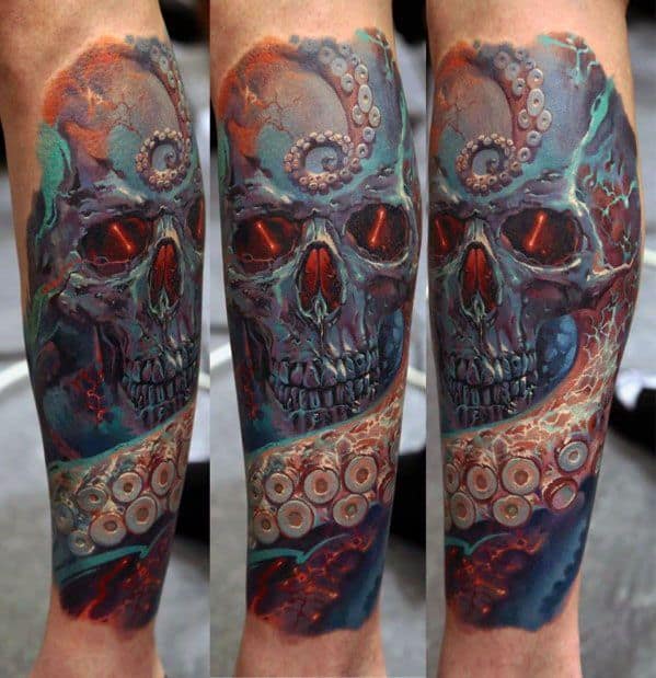 Skull with glowing red eyes surrounded by octopus tentacles, with vibrant shading in blues, reds, and purples, creating a dramatic and detailed design.