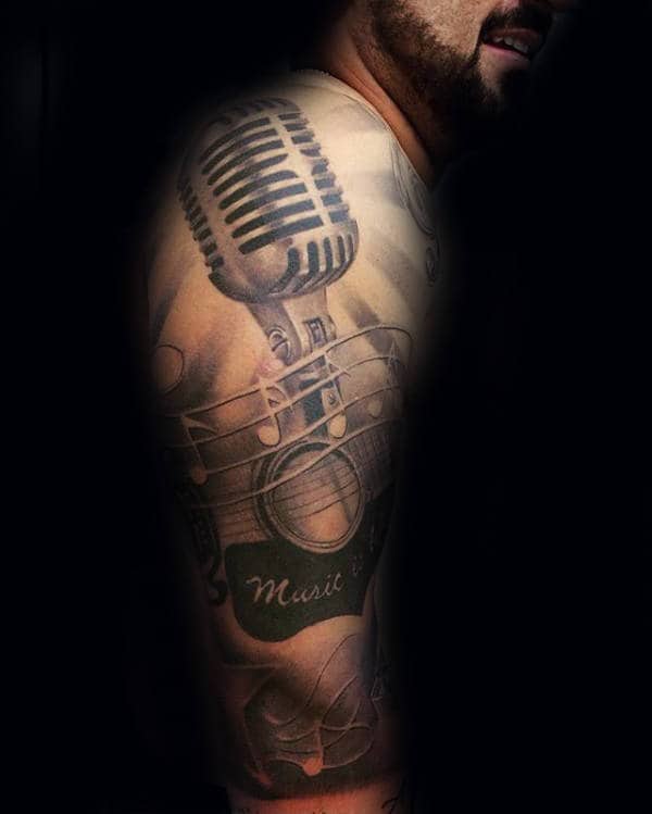 Mens 3d Microphone Music Sleeve Tattoo Design Ideas