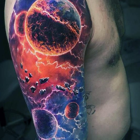 Arm tattoo featuring vibrant planets, asteroids, and cosmic lightning in a colorful space scene