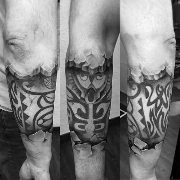 Mens 3d Polynesian Tribal Broken Stone Forearm Sleeve Tattoo